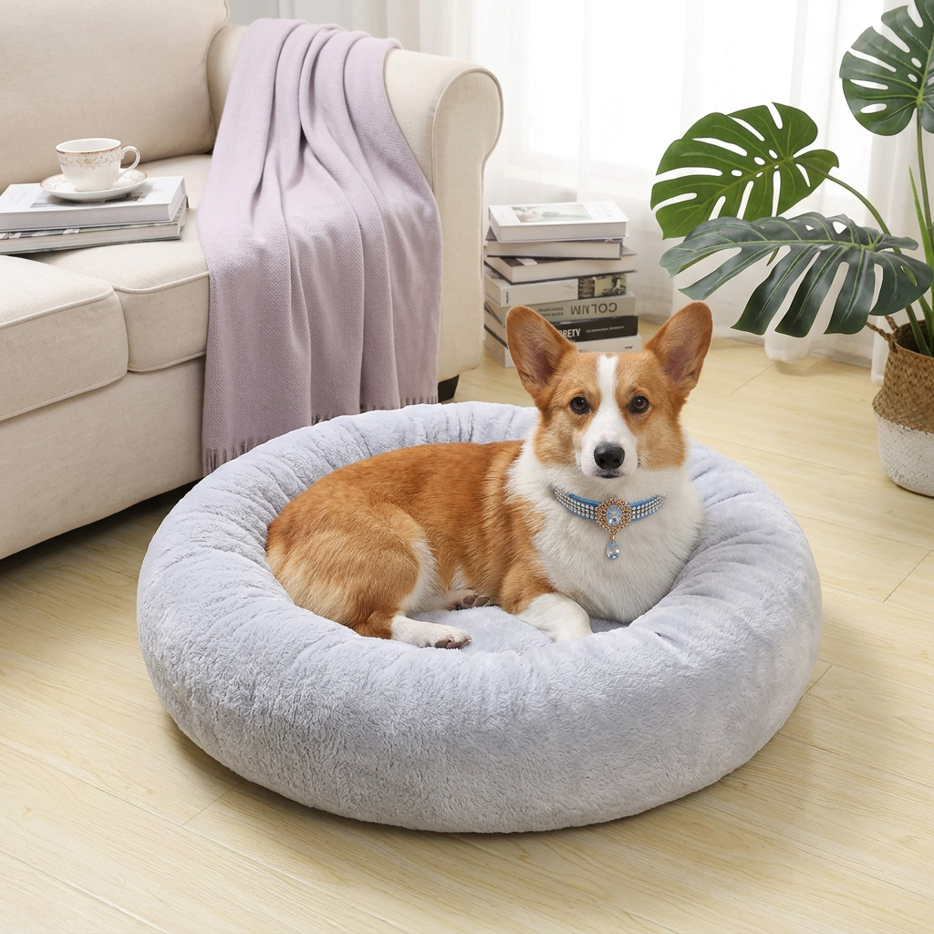 Corgi wearing the blue oval collar on the light gray bed in a reading nook