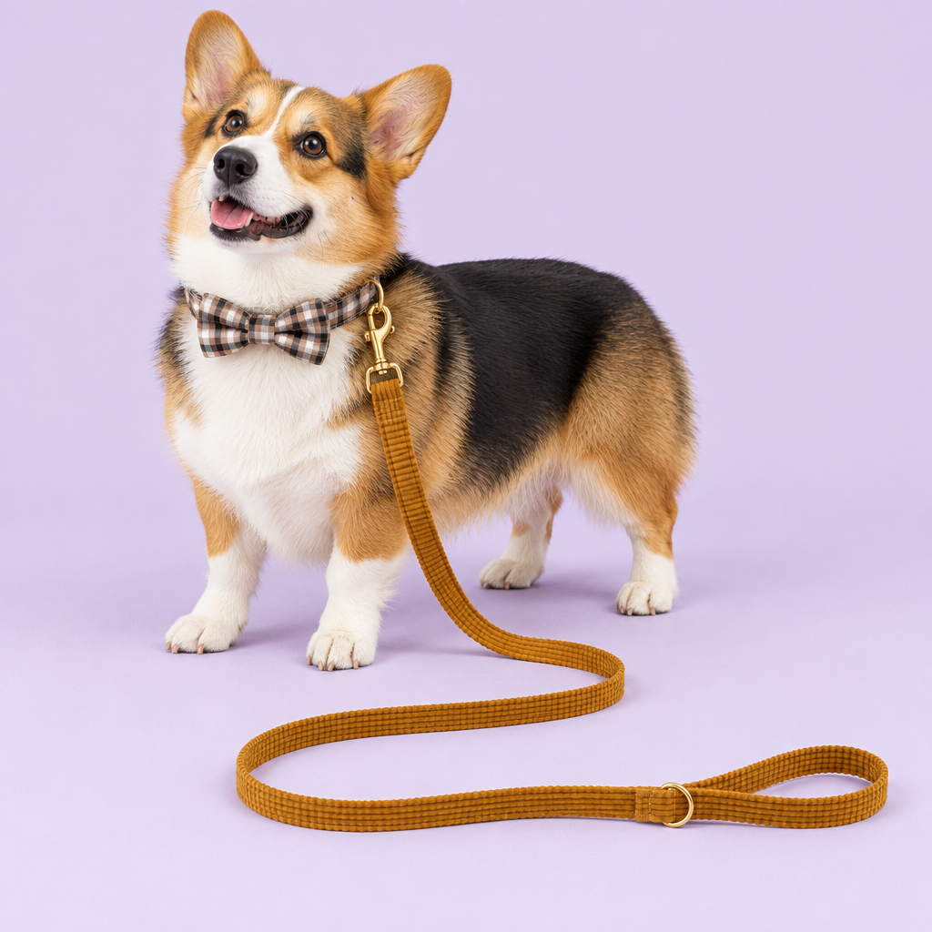 Corgi with brown plaid collar and mustard corduroy leash