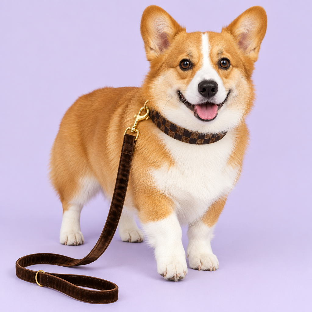 Corgi with checkerboard collar and brown velvet leash