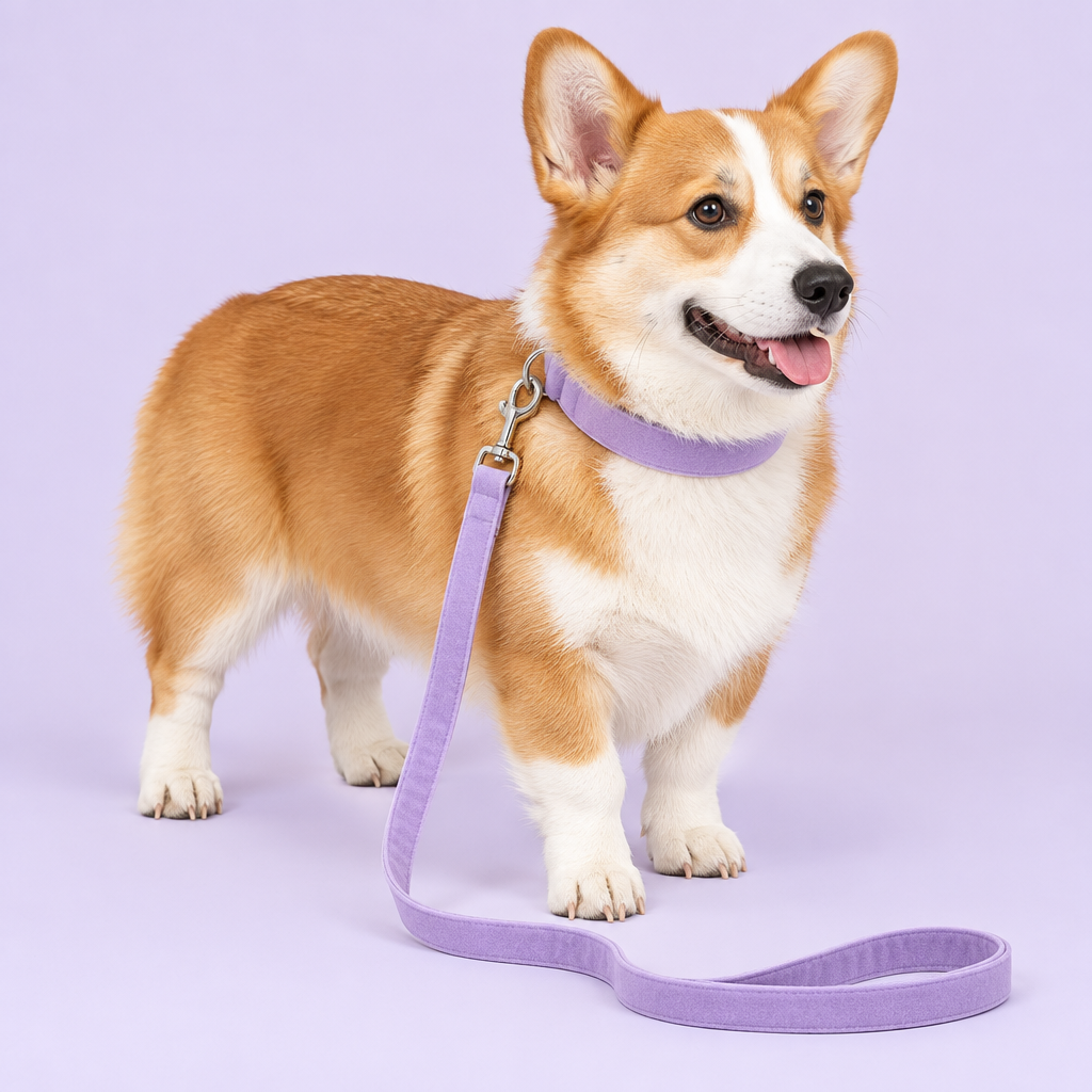Corgi with light-purple collar and leash