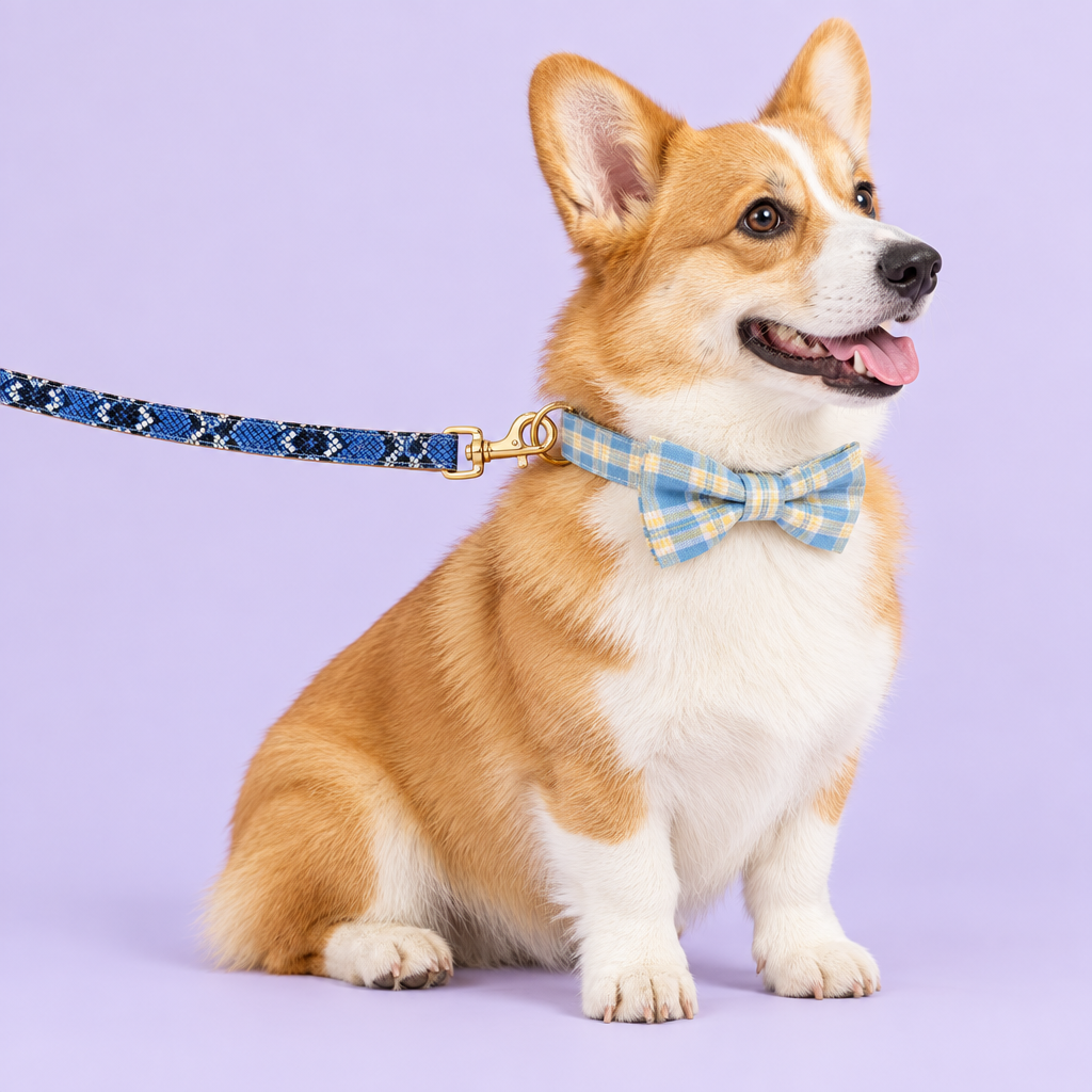 Corgi with narrow blue snakeskin leash