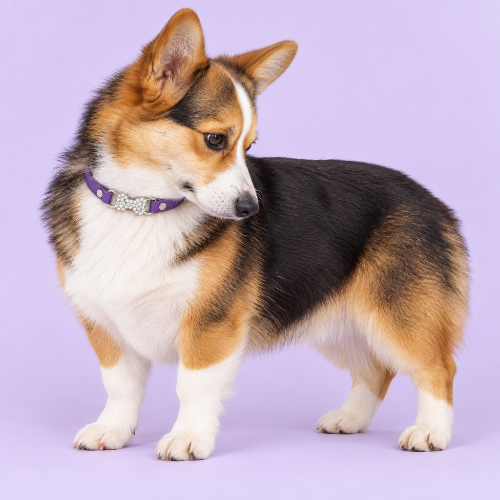 Corgi with purple collar