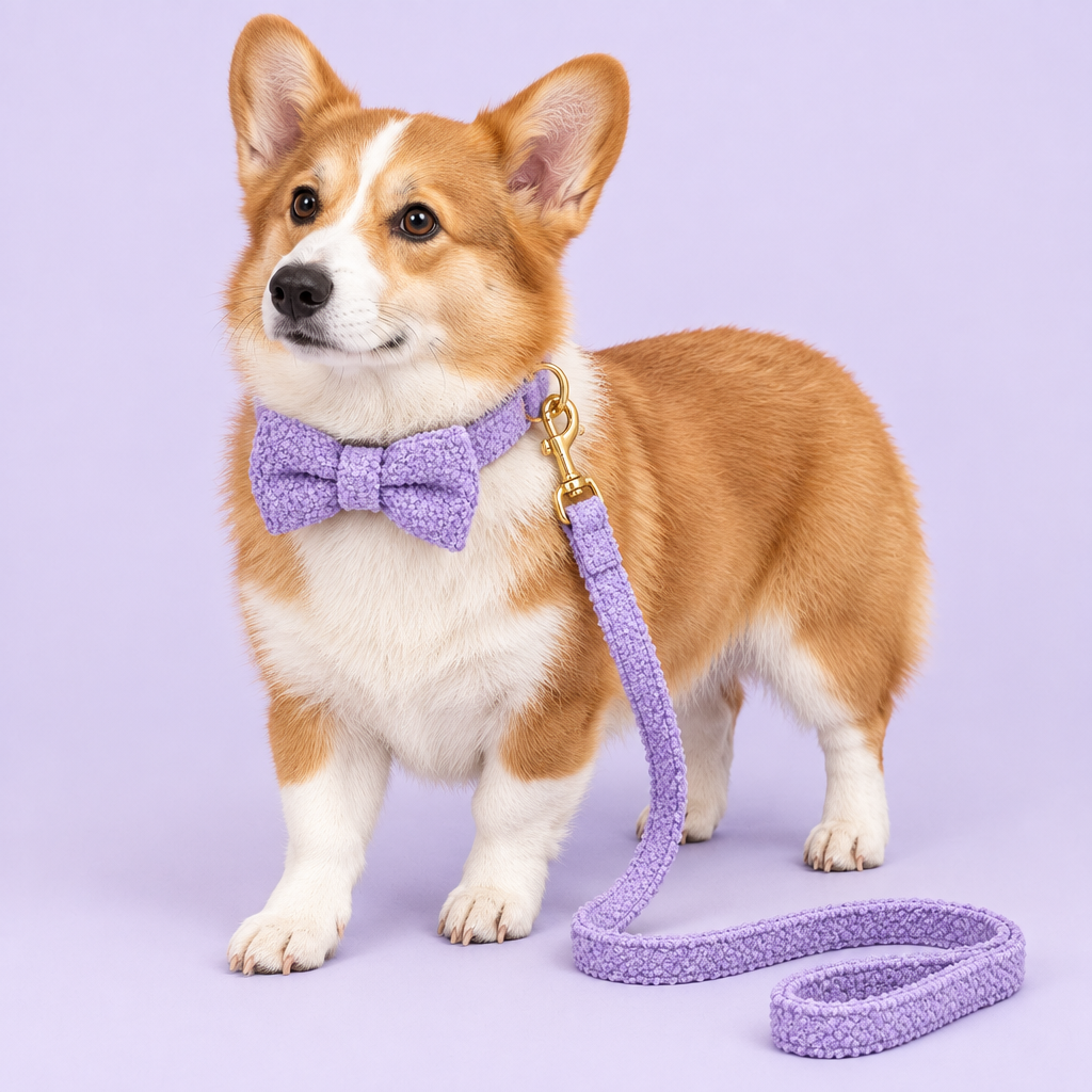 Corgi with purple teddy-fleece bow tie collar and leash