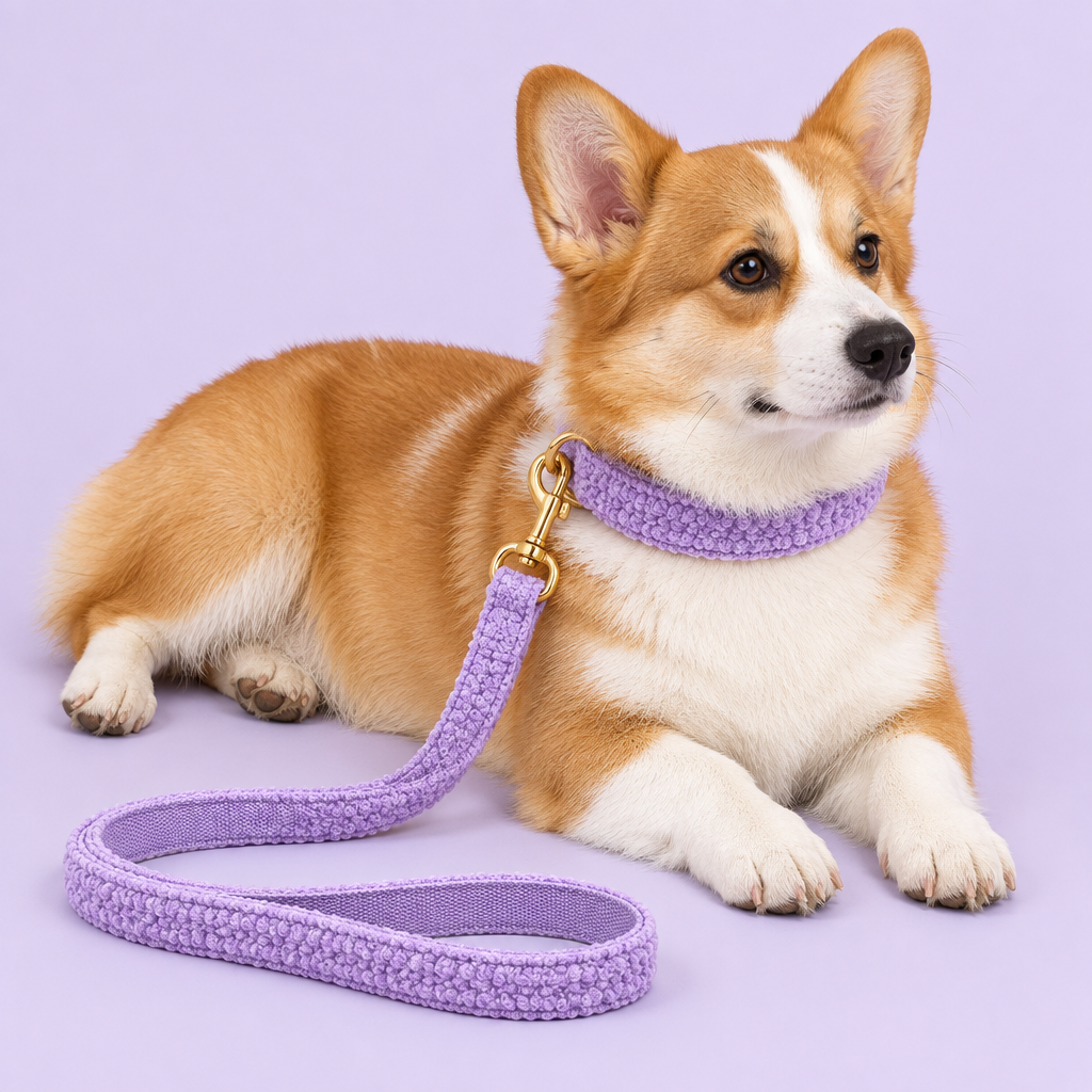Corgi with purple teddy-fleece collar and leash