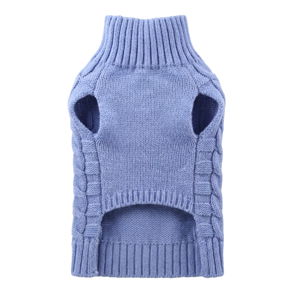 Corrected blue sweater with a continuous smooth-knit chest panel on white