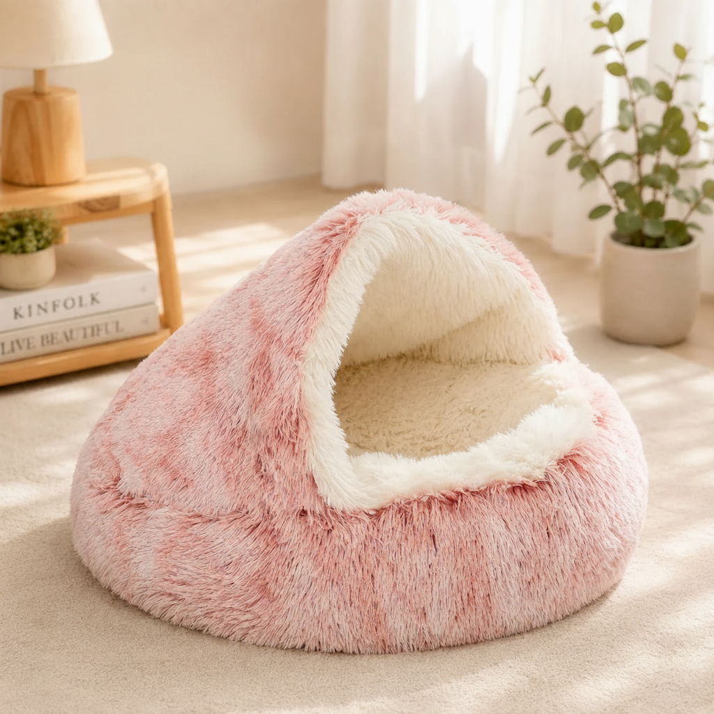 Pink tie-dye long-pile plush round hooded cave pet bed with cream interior lining on a cream rug in a bright cozy living room setting