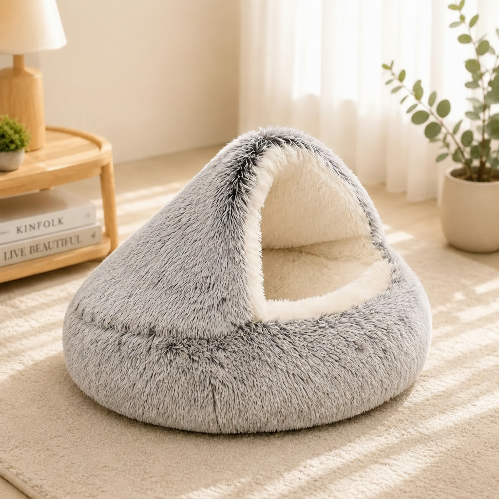 Grey long-pile plush round hooded cave pet bed with cream interior lining on a cream rug in a bright cozy living room setting