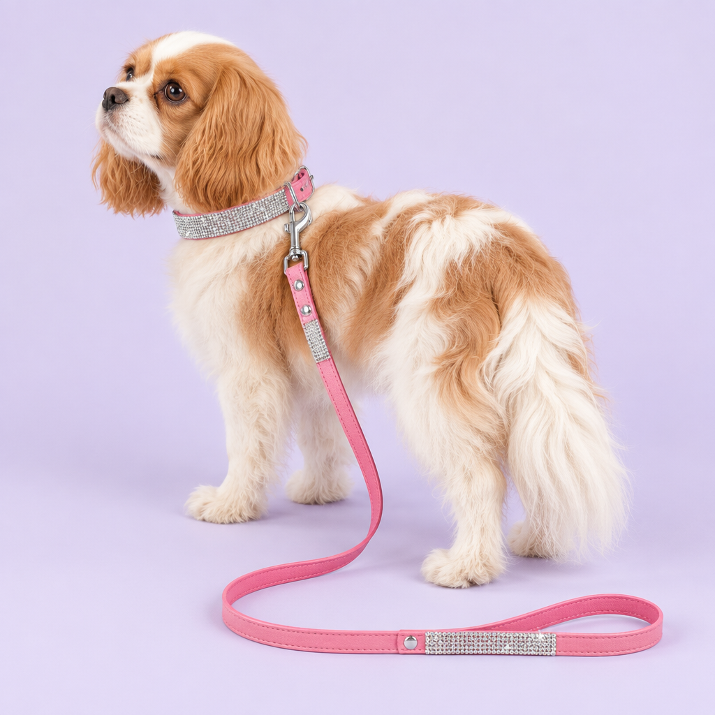 Cream-and-apricot Cavalier wearing the pink collar and leash