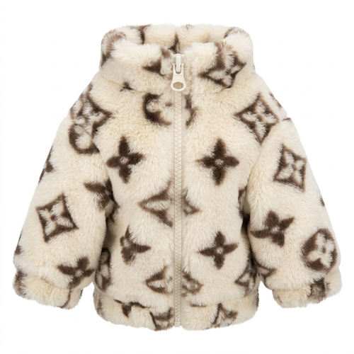 Cream and brown faux-fur pet jacket centered on a white background