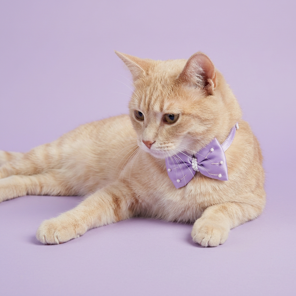 Cream and ginger cat lounging in lavender bow collar