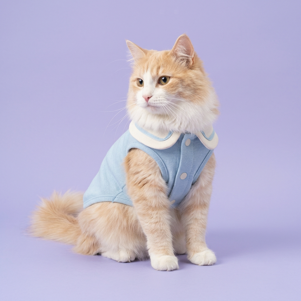 Cream-and-ginger cat seated in the light-blue sailor shirt