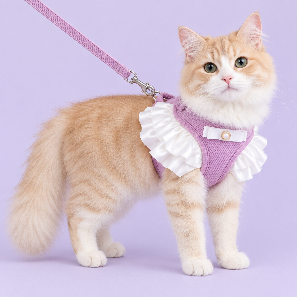 Cream-and-ginger cat wearing lavender harness