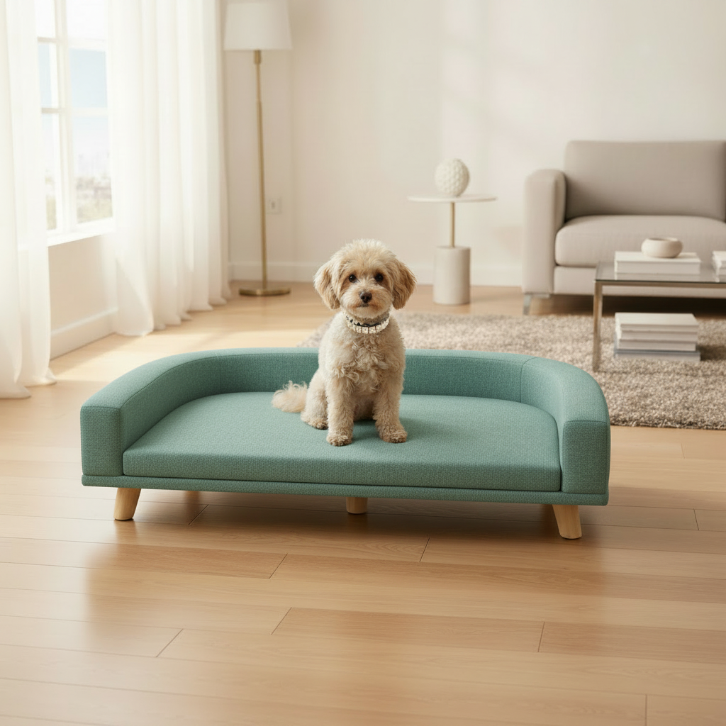 Cream and gold collar lifestyle image with teal-green couch
