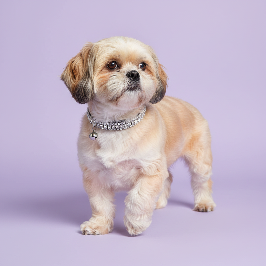 Cream-and-gold Shih Tzu in the black velvet collar with clear trim