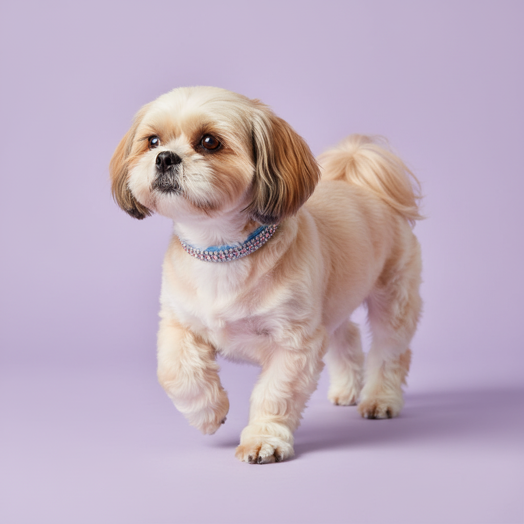Cream-and-gold Shih Tzu in the light-blue velvet collar with pink trim