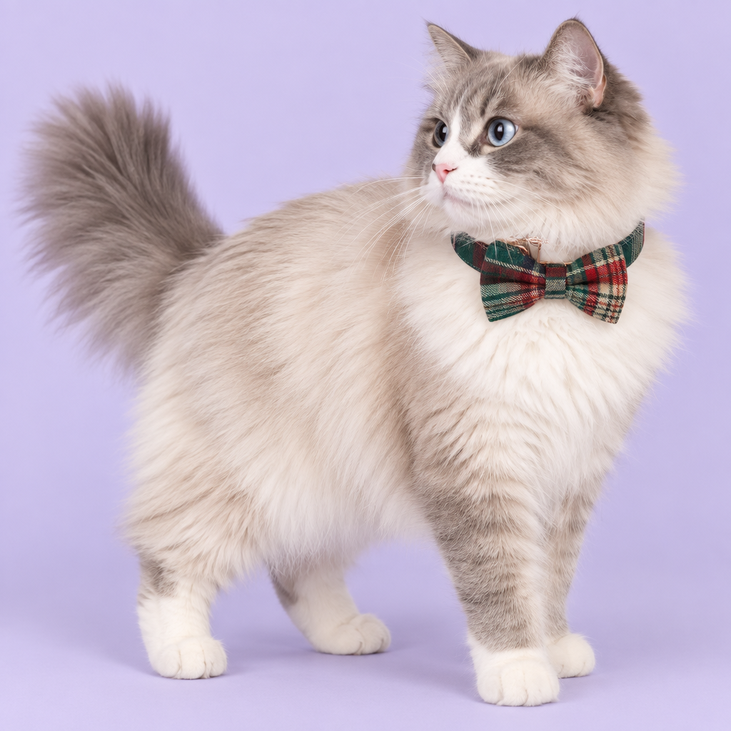 Cream-and-gray cat looking over its shoulder with plaid bow collar