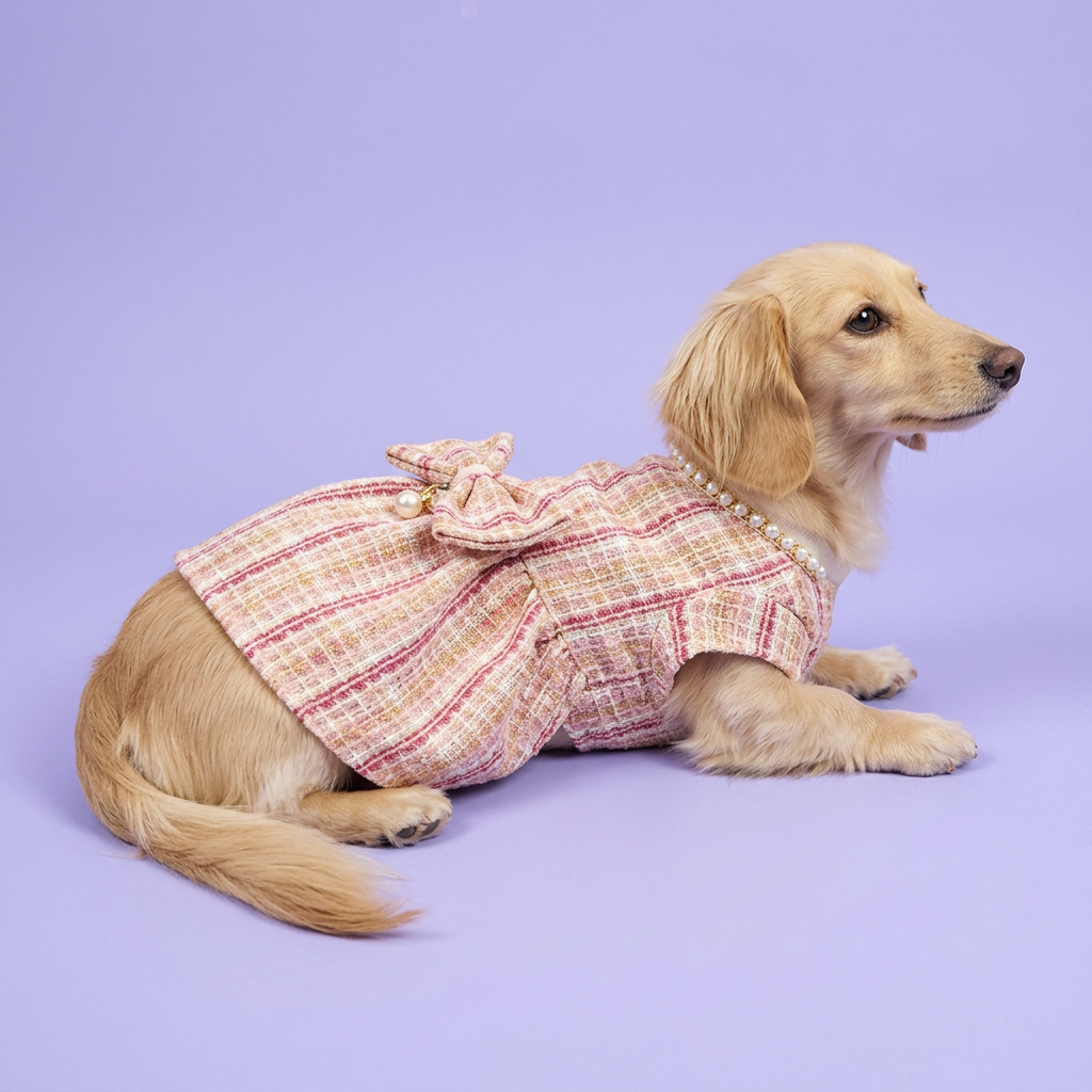 Cream-and-tan dachshund lounging in the pink tweed dress