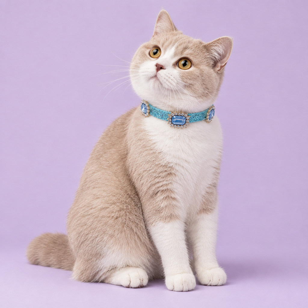 Cream-and-white British Shorthair sitting with its head turned