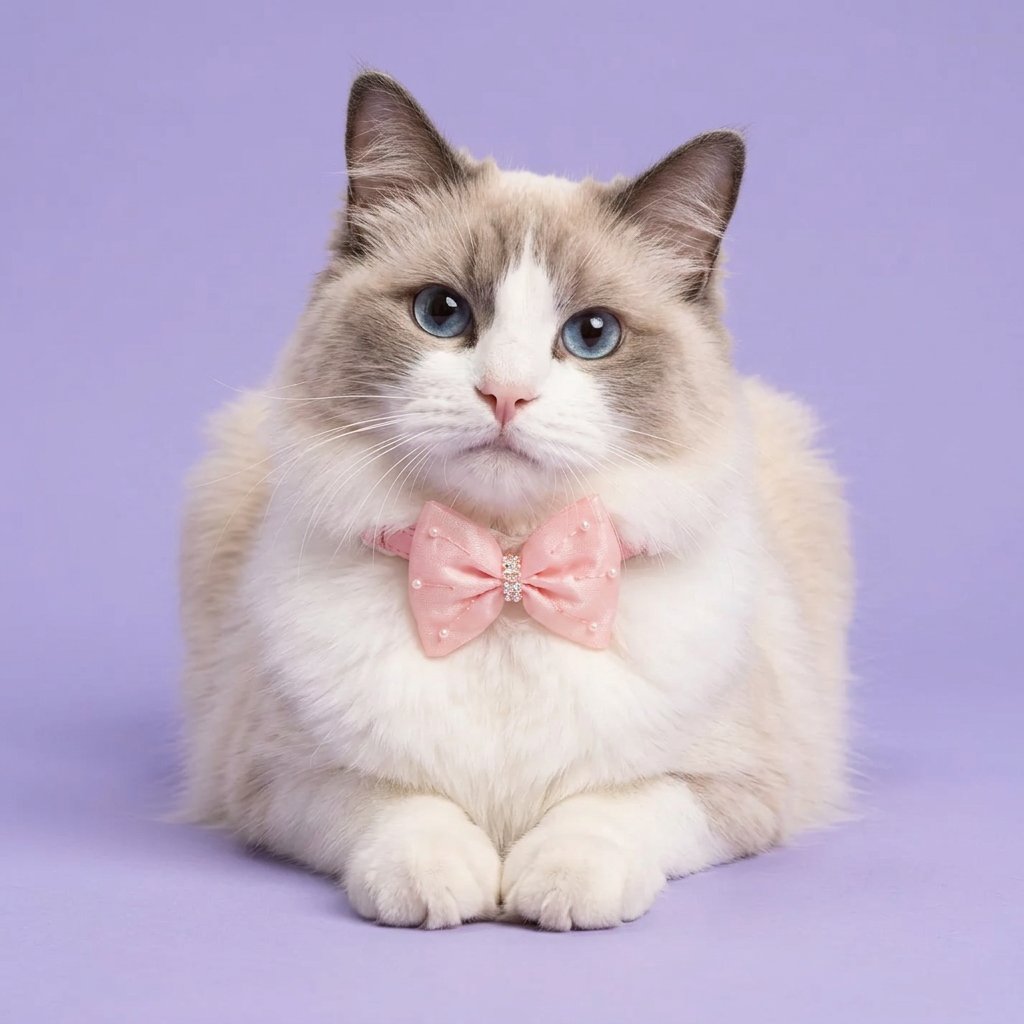 Cream and white cat with pink bow collar