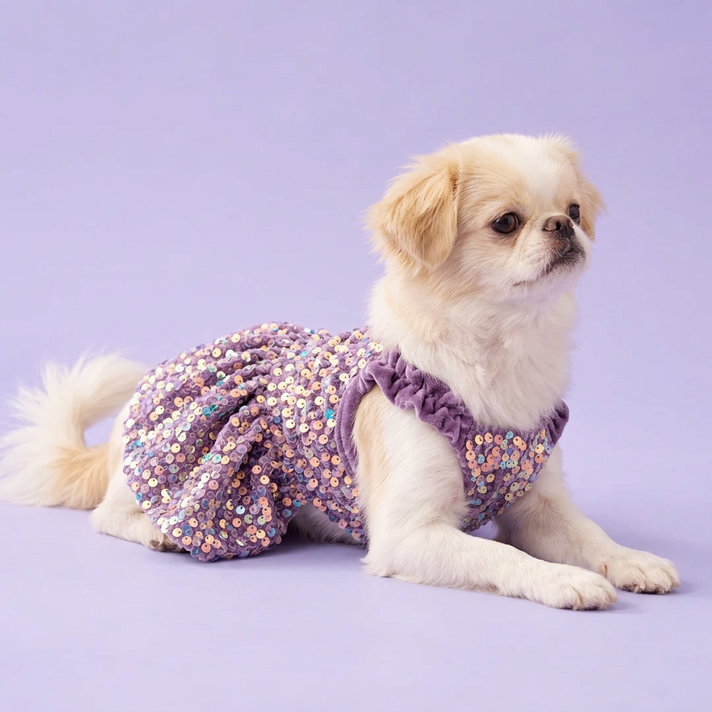Cream-and-white Japanese Chin reclining in the sequin dress