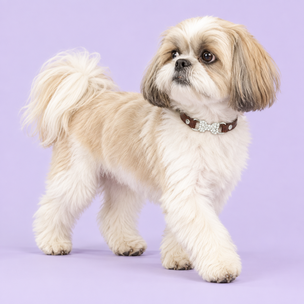 Cream-and-white Shih Tzu walking and glancing back