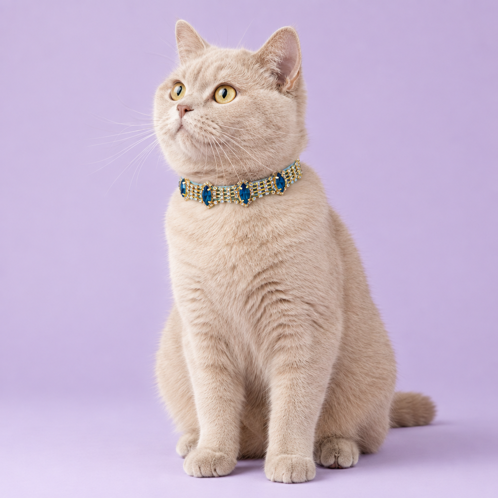 Cream British Shorthair sitting and looking upward