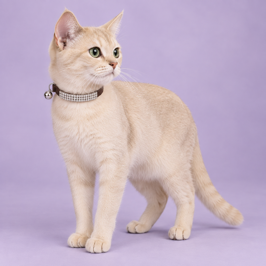 Cream cat wearing the brown three-row crystal collar