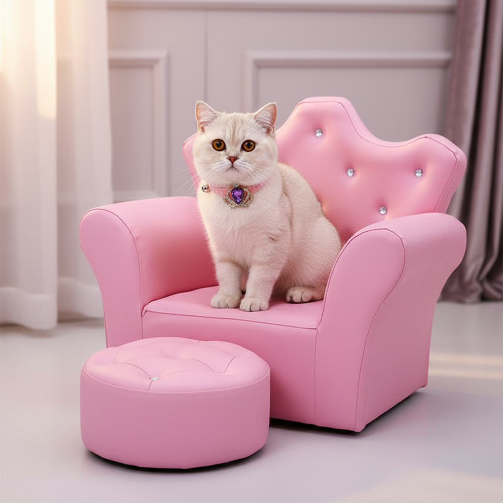 Cream cat wearing the purple amethyst crown collar on the pink pet chair