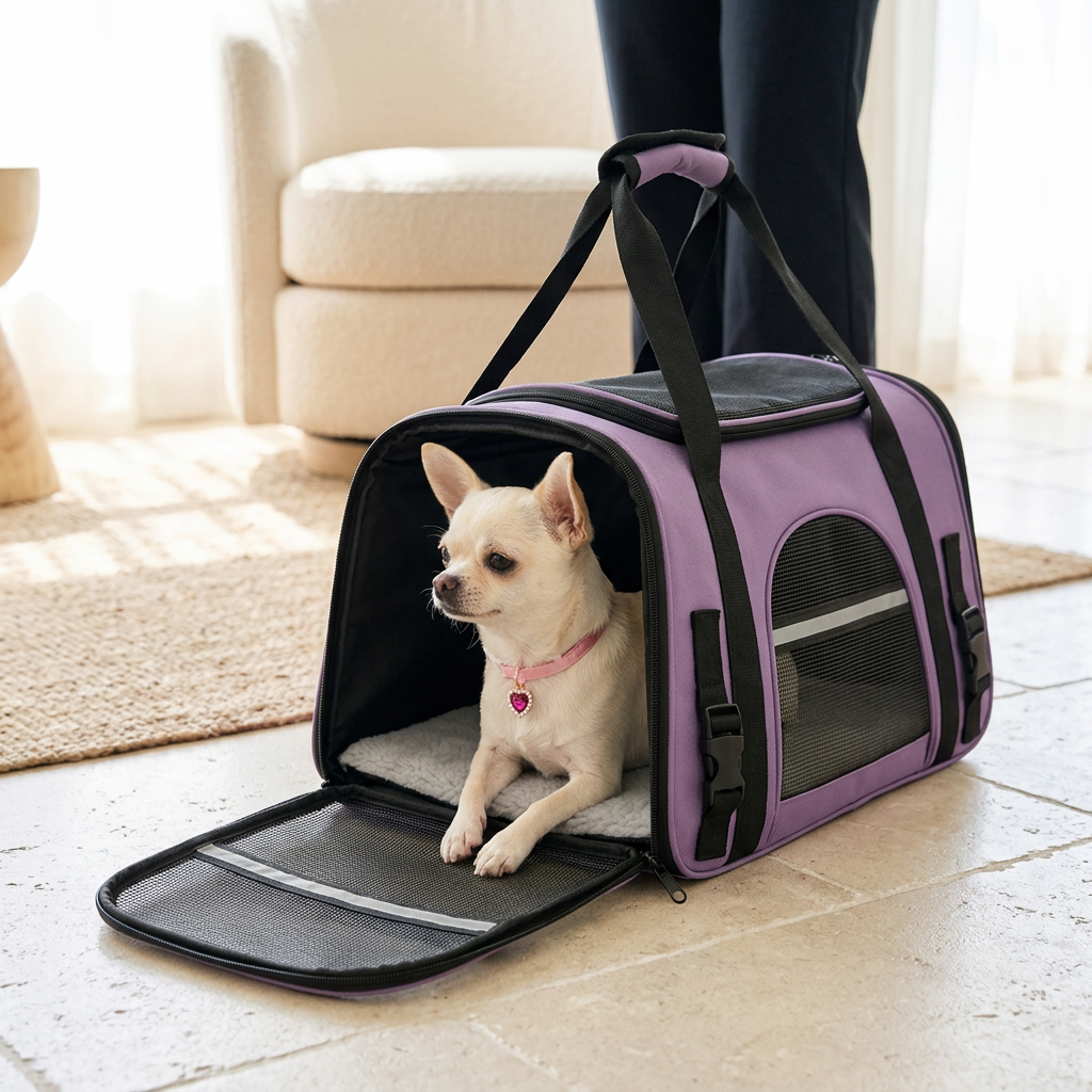 Cream Chihuahua lifestyle mockup inside the purple carrier