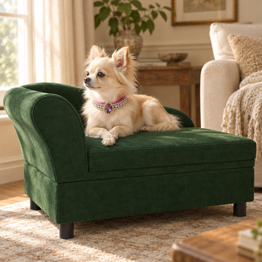 Cream Chihuahua lounging on the green pet couch