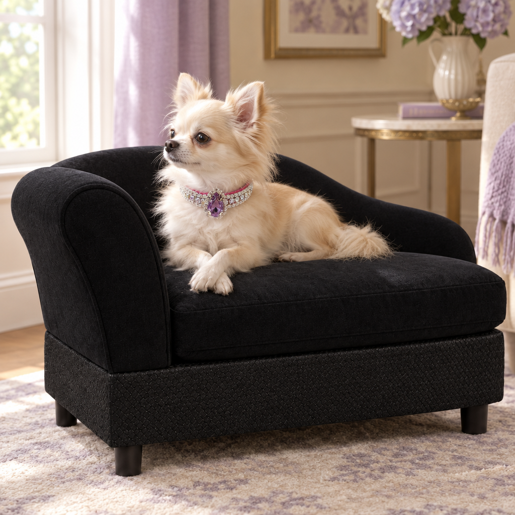 Cream Chihuahua on the black pet couch wearing the pink and purple collar