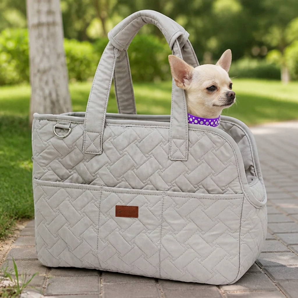 Cream Chihuahua peeking from the grey quilted carrier, lifestyle mockup
