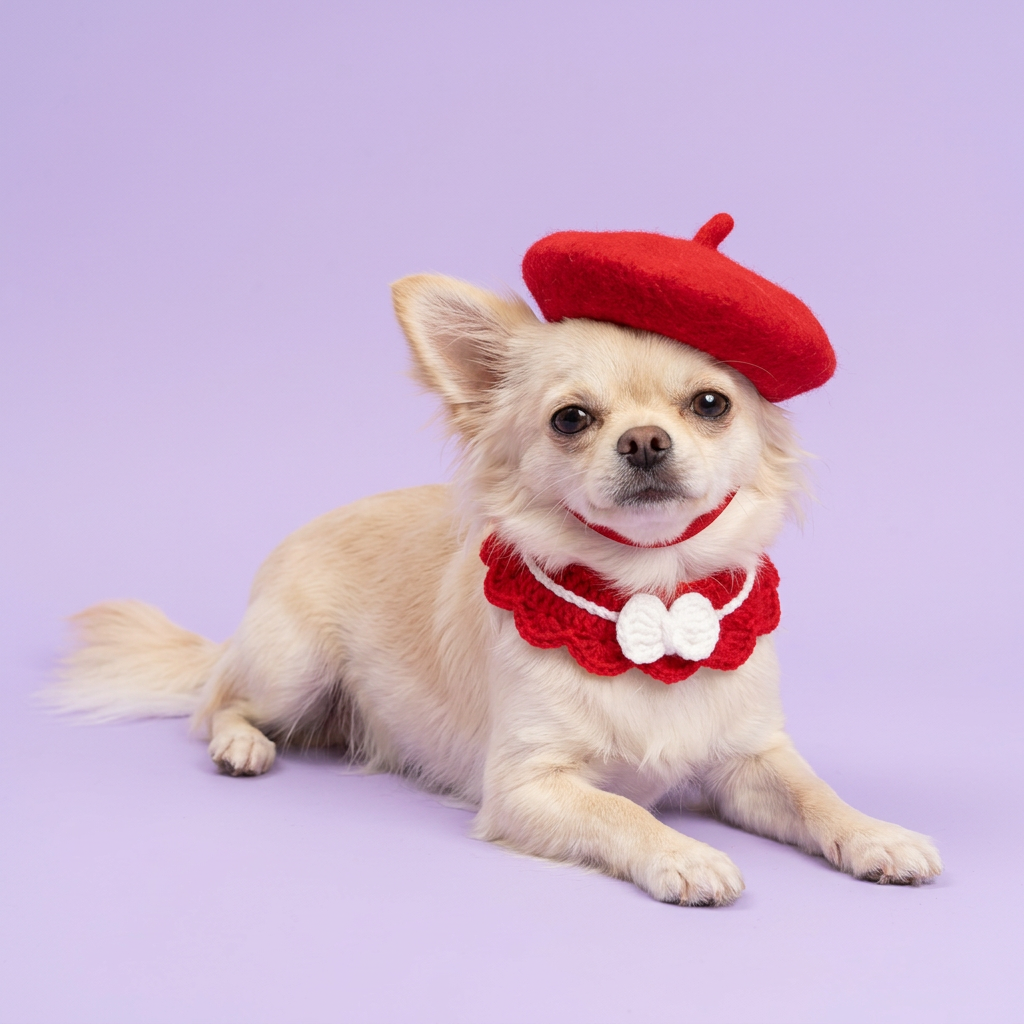 Cream Chihuahua resting in the red beret and thin bib