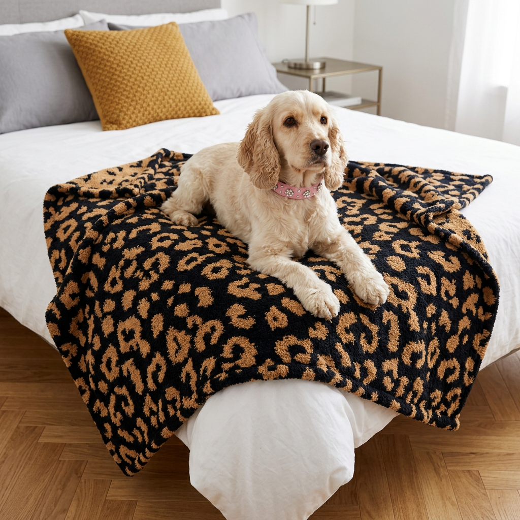 Cream cocker spaniel on leopard blanket wearing Pink Bloom collar