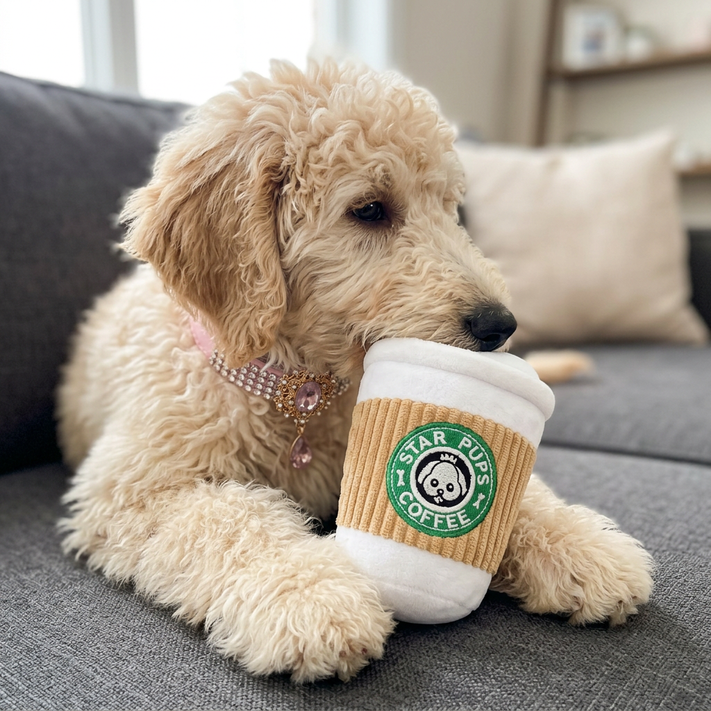 Cream curly-haired puppy wearing a pink jeweled collar and cuddling a coffee plush on a living-room sofa
