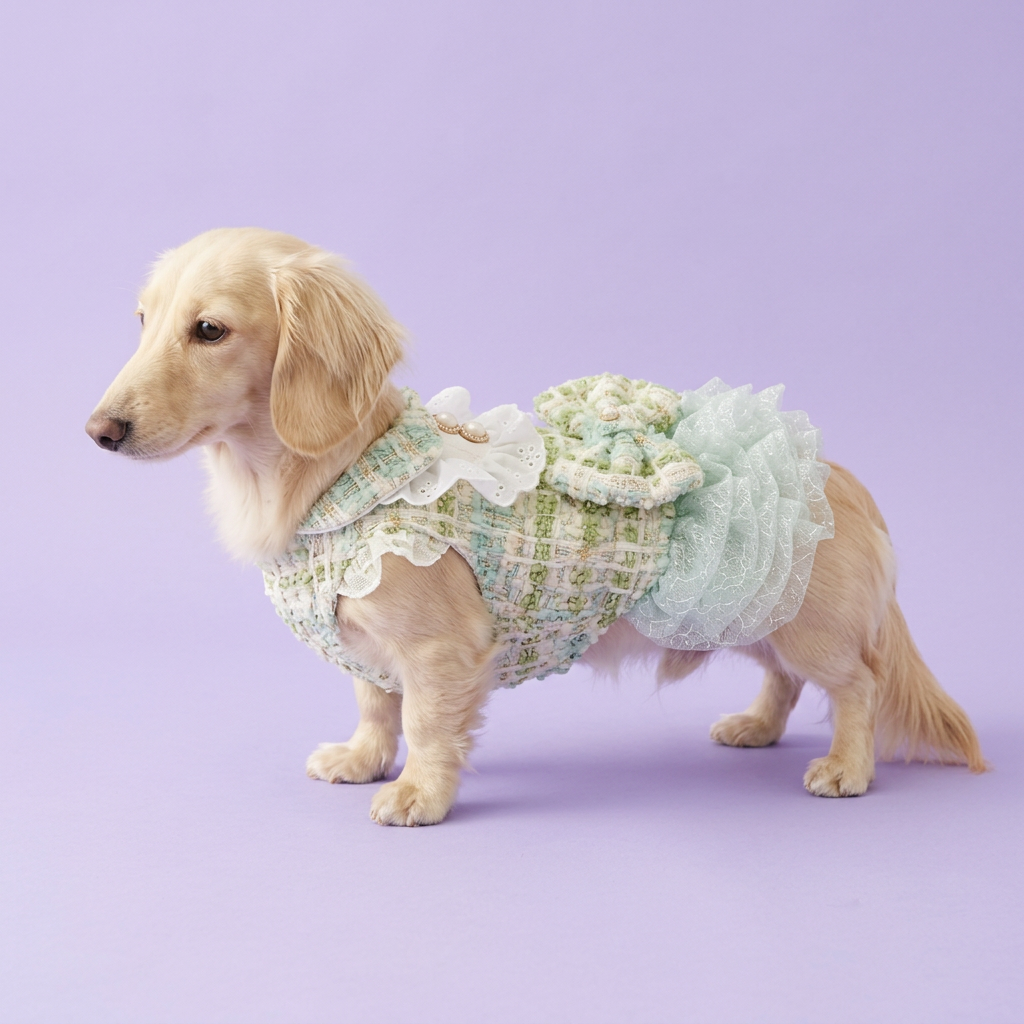 Cream Dachshund in the green tweed dress