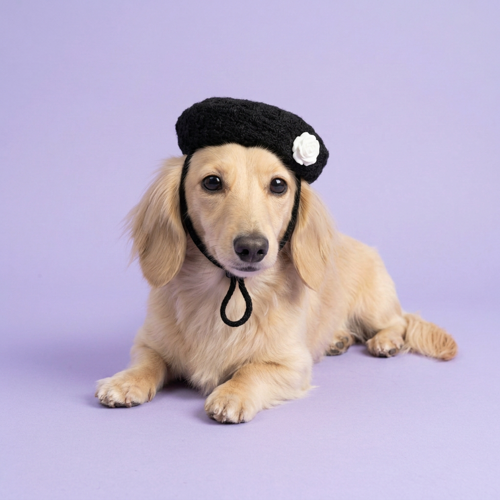 Cream dachshund with a smaller beret and black chin strap