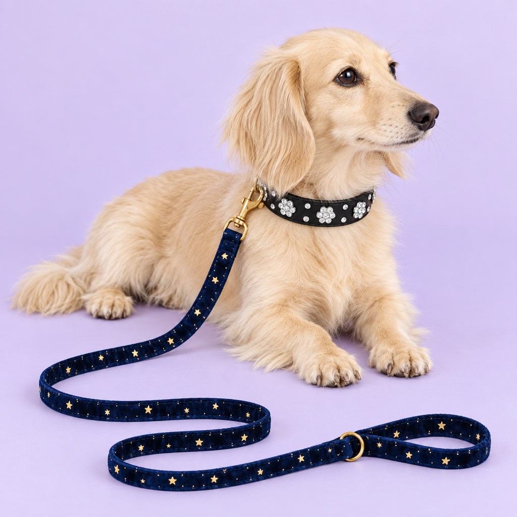 Cream dachshund with black flower collar and navy star leash