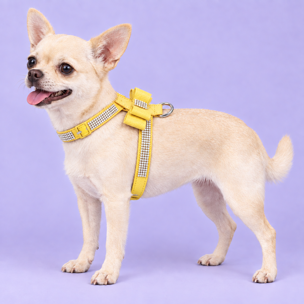 Cream dog in the yellow harness