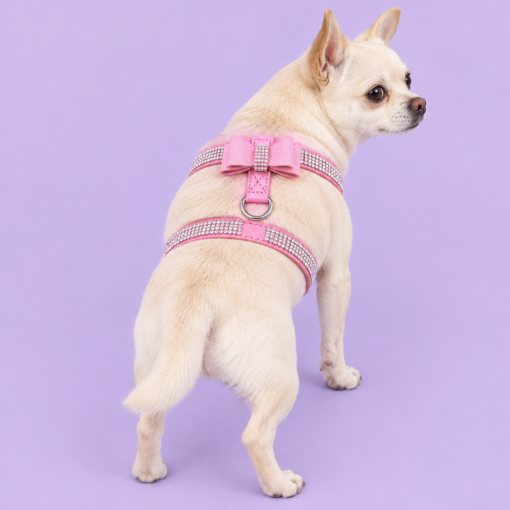 Cream dog wearing pink harness