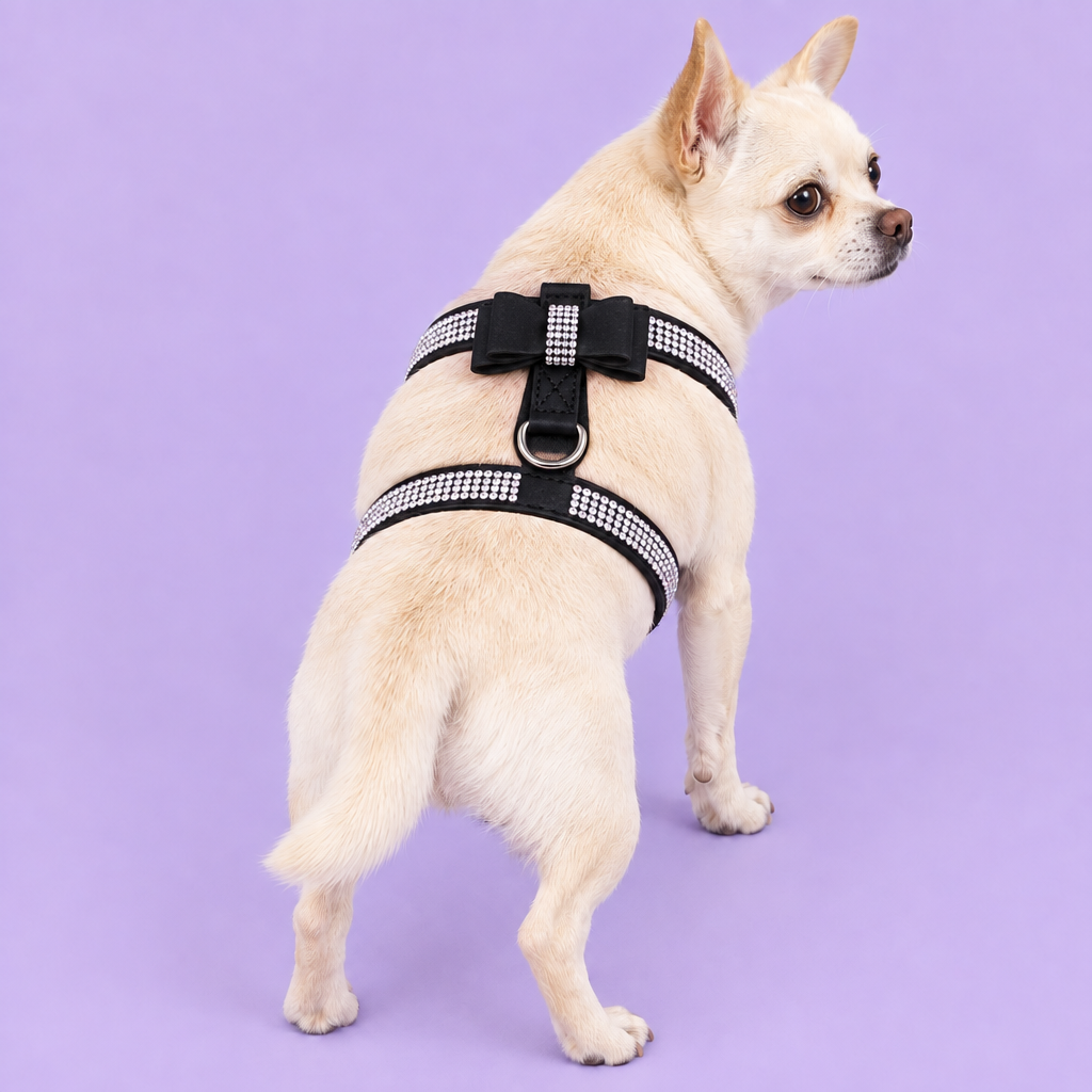 Cream dog wearing the black harness