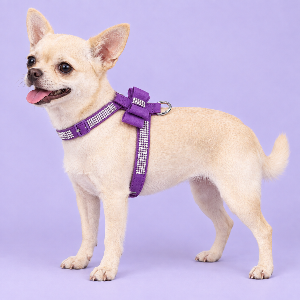 Cream dog with the purple harness