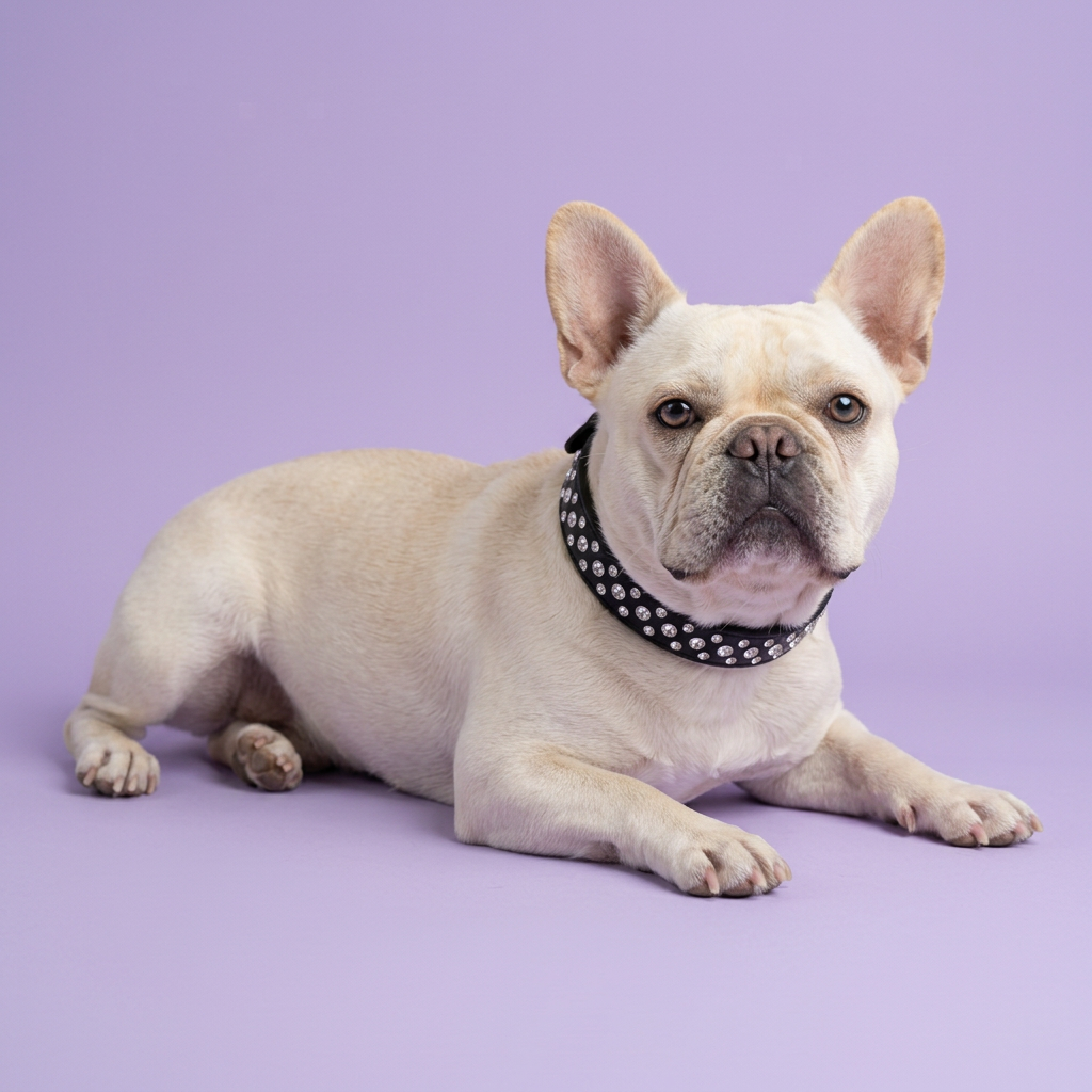 Cream French bulldog resting with its head raised