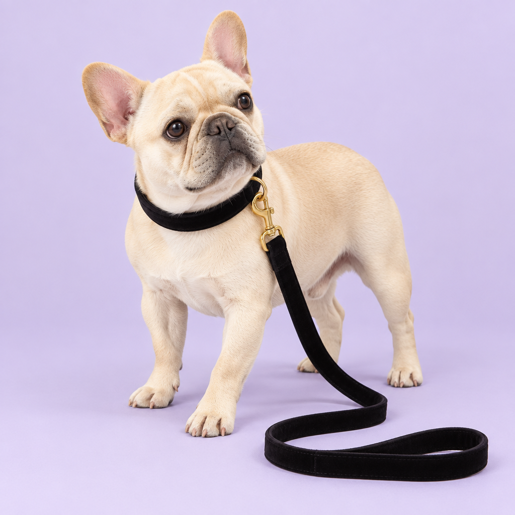 Cream French Bulldog wearing the black velvet collar and leash