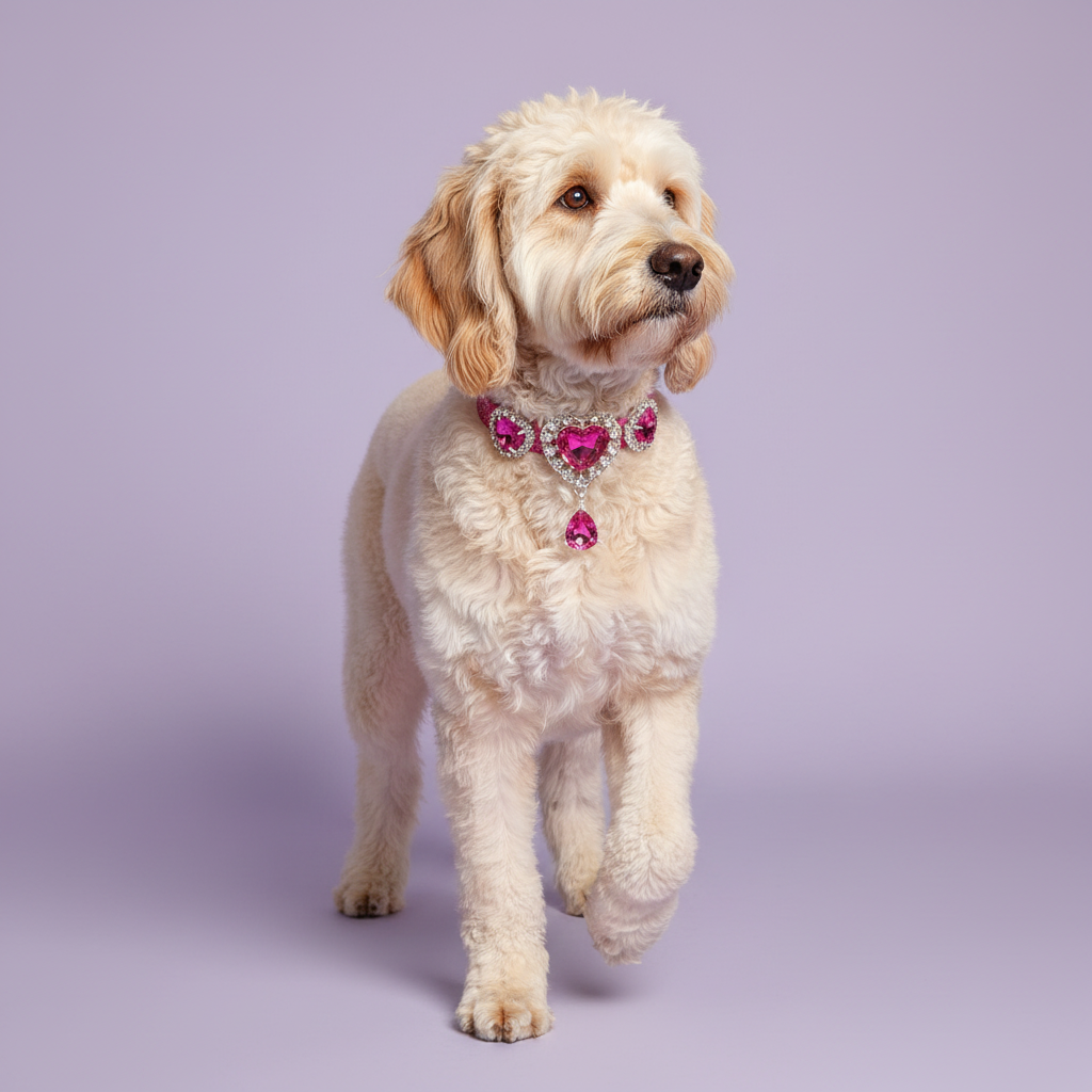 Cream Goldendoodle in the magenta heart dangle collar
