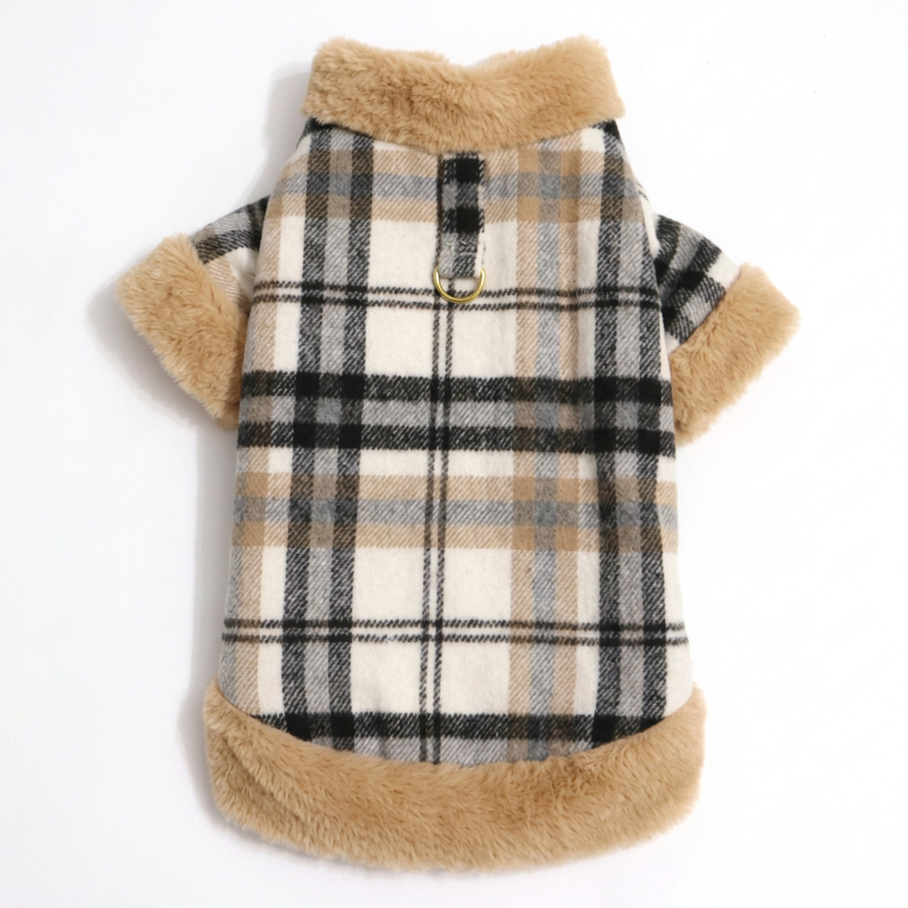 Cream, gray, and black plaid jacket with tan fluffy trim, laid flat on white