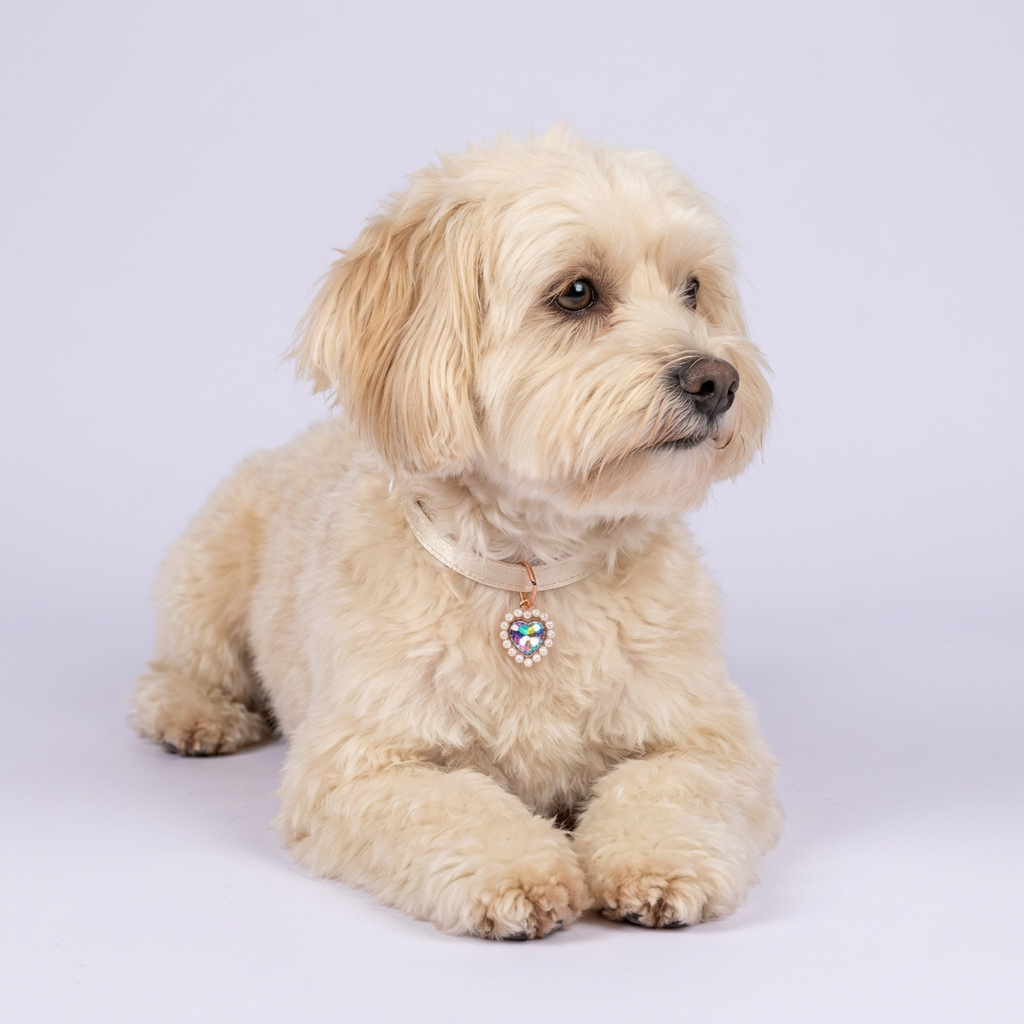 Cream Havanese lying down with crossed paws, wearing the ivory satin iridescent heart-charm collar