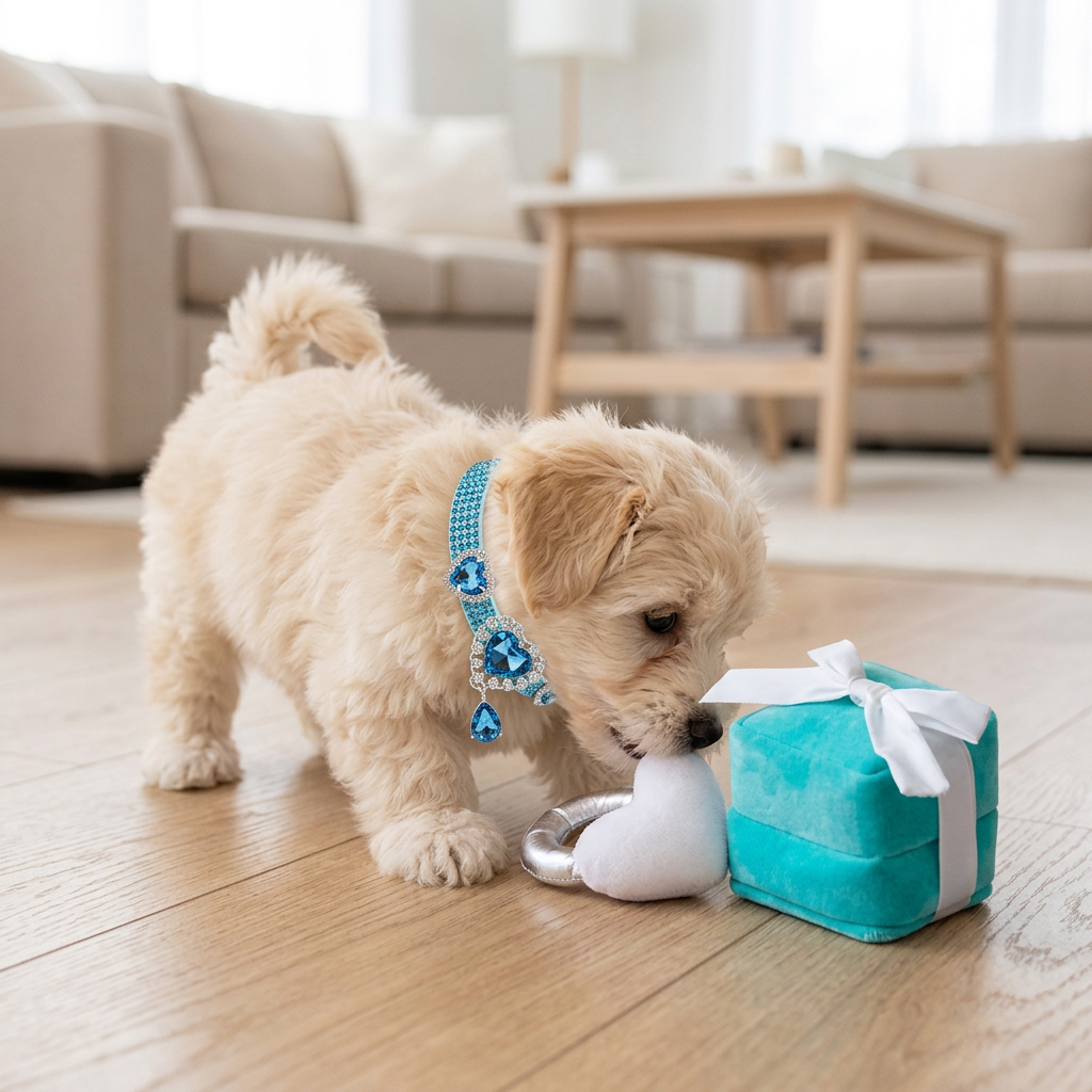 Cream Havanese puppy mouthing the heart-ring plush beside the turquoise box plush, wearing the blue rhinestone heart collar