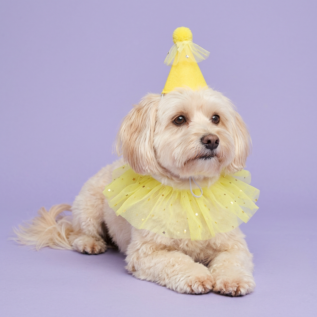 Cream Havanese reclining in the yellow party set