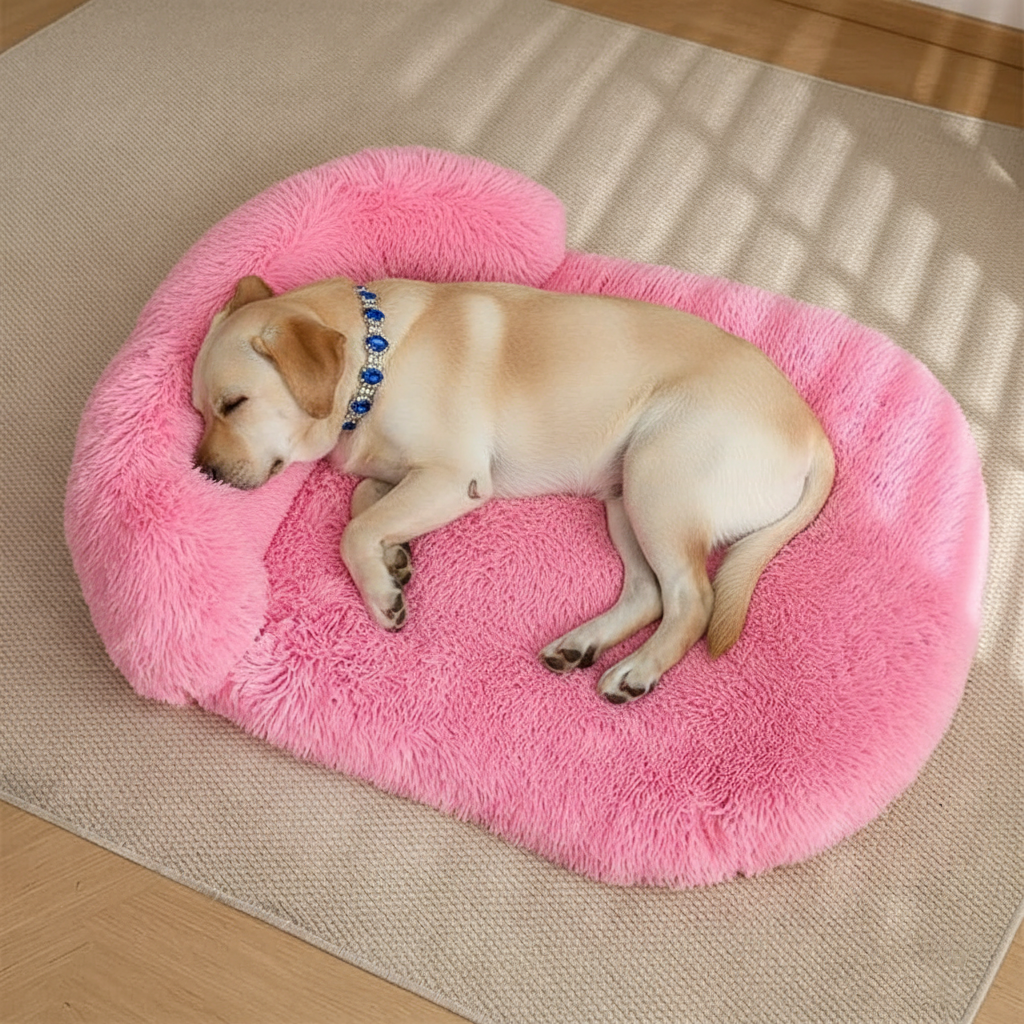 Cream Labrador puppy wearing a blue sapphire and crystal jeweled collar sleeping curled up on a hot pink long shaggy faux fur oval donut pet bed placed on a cream area rug on light oak hardwood floors, with warm dappled sunlight across the background wall